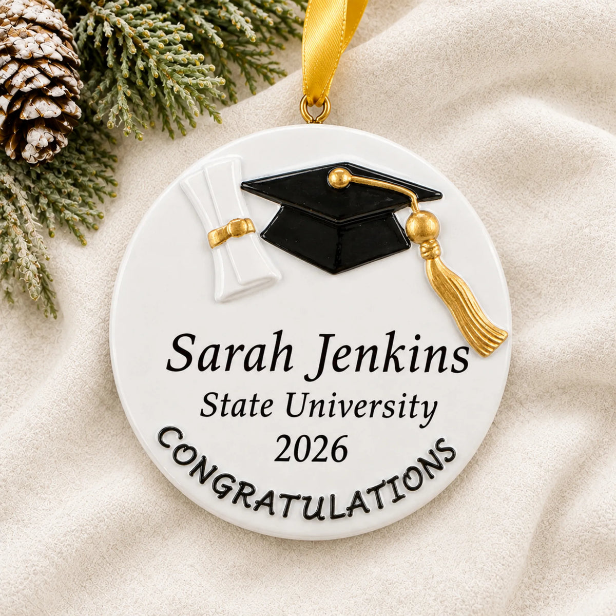 Front view of the personalized graduation congratulations round ornament with grad cap and engraved name and school