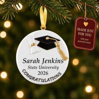 Personalized graduation congratulations Christmas ornament on a lit tree with a made-just-for-you tag