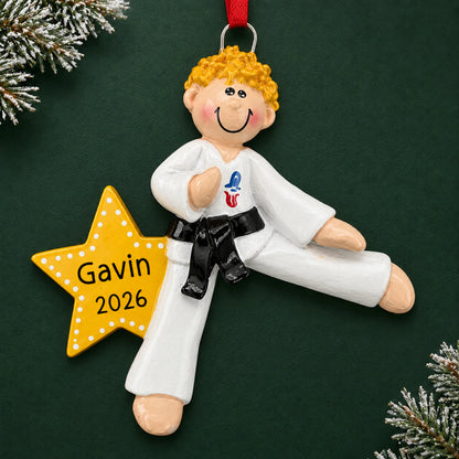Personalized blonde karate MMA guy christmas ornament on a dark green pine background