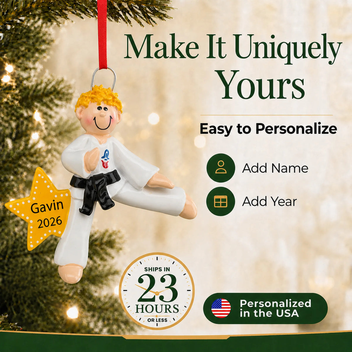 Make it yours: add name and year to the personalized blonde karate MMA guy christmas ornament