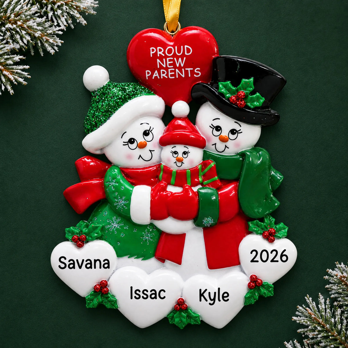 Personalized new parents snowman christmas ornament on a dark green pine background
