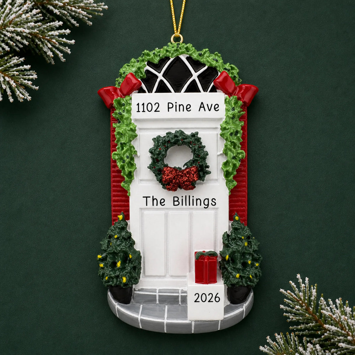 Personalized Holiday White Door christmas ornament on a dark green pine background