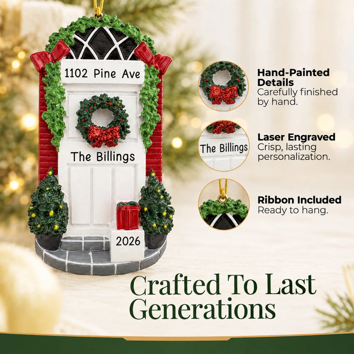 Hand-painted, laser engraved Holiday White Door christmas ornament, ribbon included