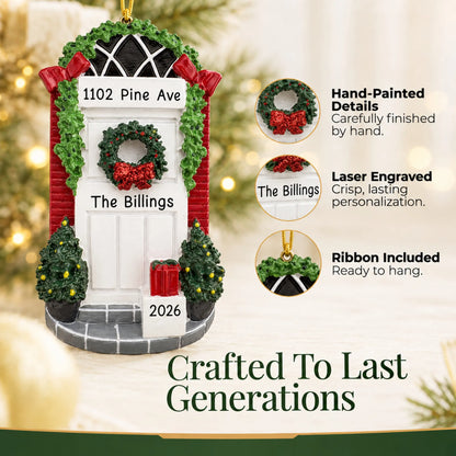Hand-painted, laser engraved Holiday White Door christmas ornament, ribbon included