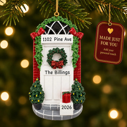 Holiday White Door christmas ornament hanging on a lit Christmas tree with a Made Just For You gift tag