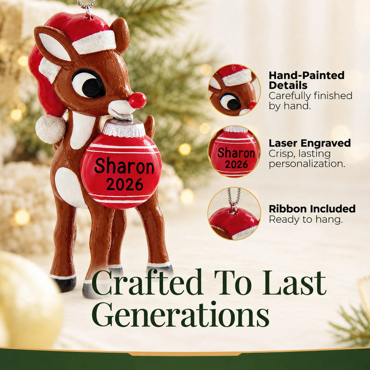 Hand-painted, laser engraved Rudolph the Red-Nosed Reindeer christmas ornament, ribbon included
