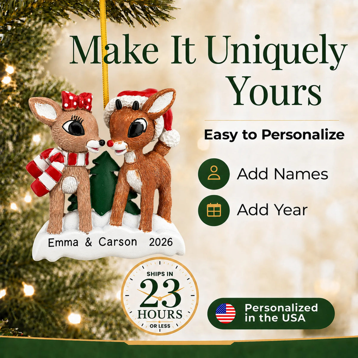 Make it yours: personalize the Rudolph and Clarice christmas ornament