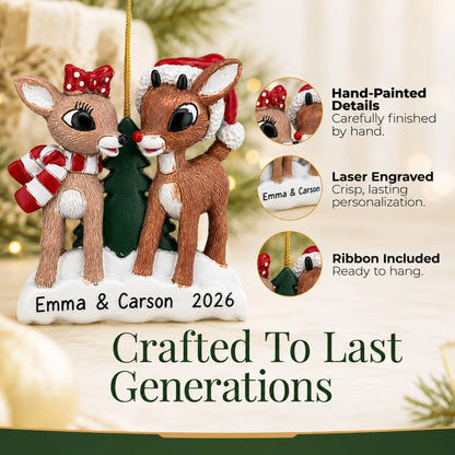 Hand-painted details and laser engraved personalization on the Rudolph and Clarice christmas ornament, ribbon included