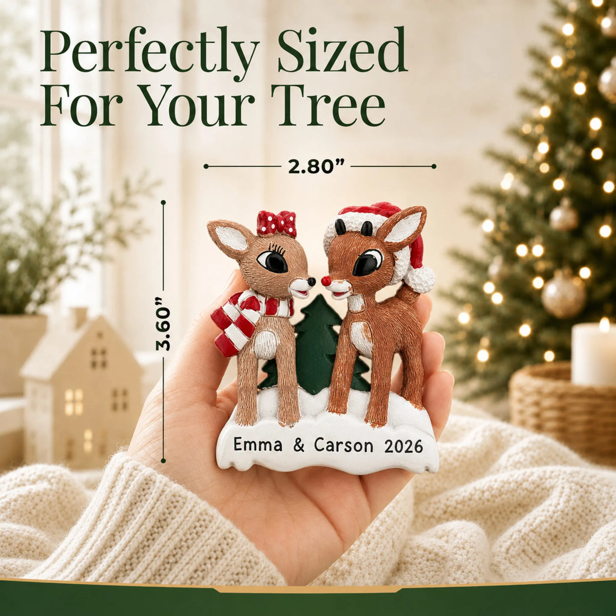 Size guide: the personalized Rudolph and Clarice christmas ornament is 2.80 in wide by 3.60 in tall, shown in hand