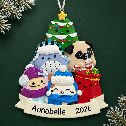 Personalized Squishmallows christmas ornament on a dark green pine background