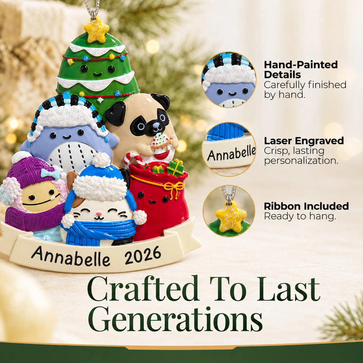 Hand-painted details and laser engraved personalization on the Squishmallows christmas ornament, ribbon included