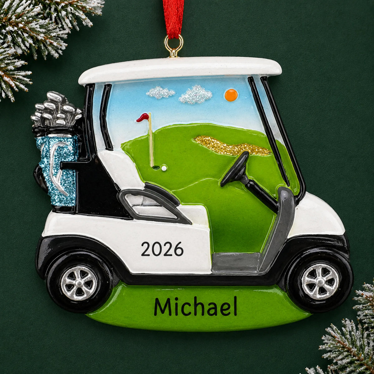 Personalized golf cart christmas ornament on a dark green pine background