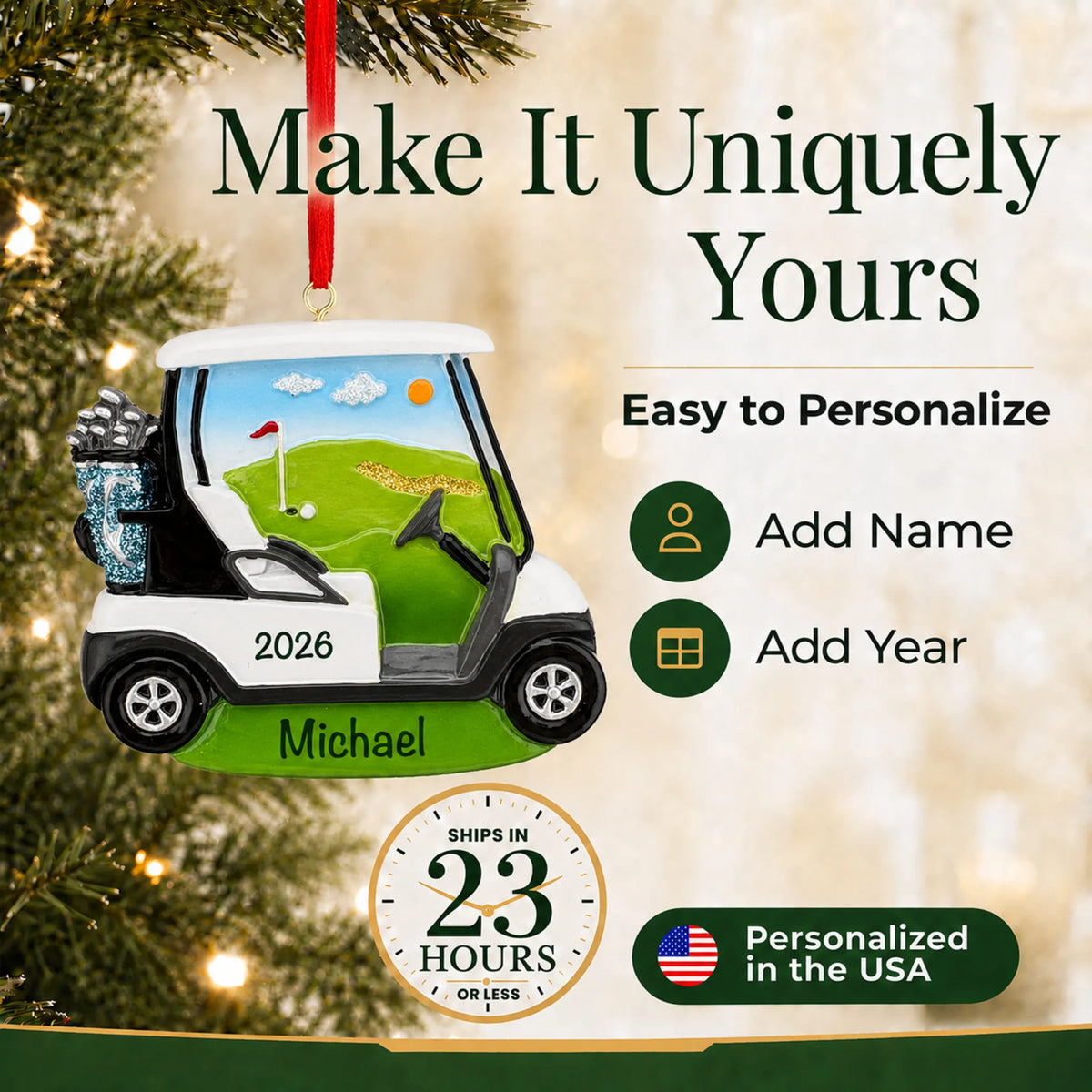 Make it yours: add name and year to the personalized golf cart christmas ornament