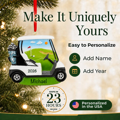 Make it yours: add name and year to the personalized golf cart christmas ornament