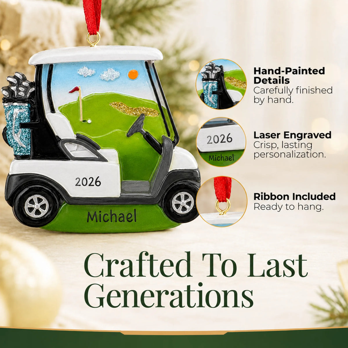 Hand-painted details and laser engraved personalization on the golf cart christmas ornament, ribbon included