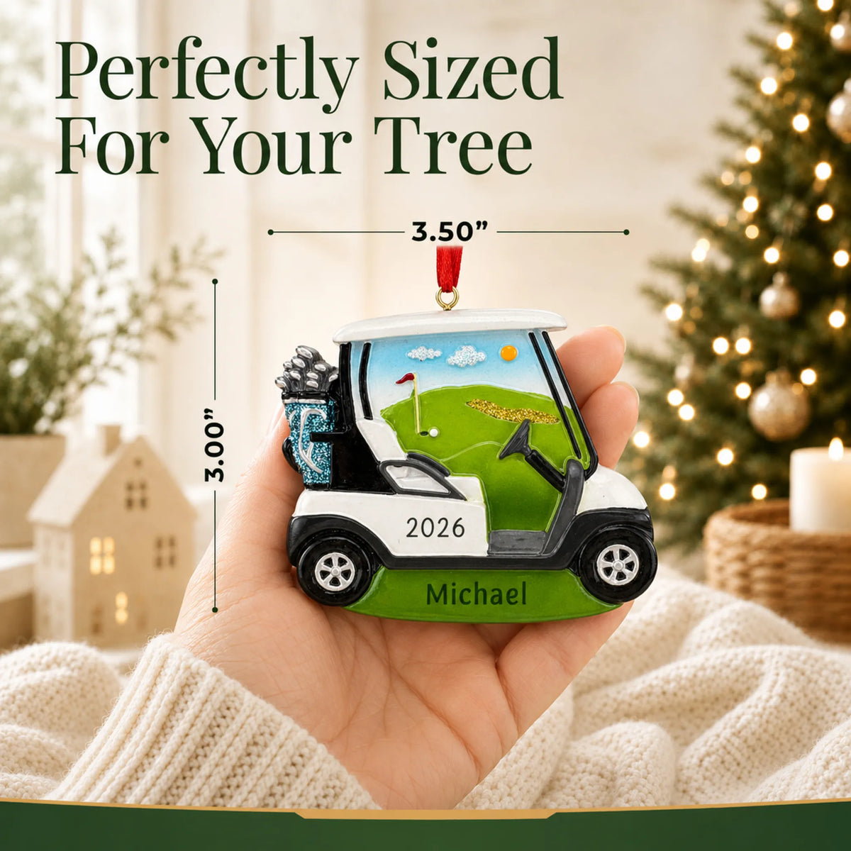 Size guide: the personalized golf cart christmas ornament is 3.50 in wide by 3.00 in tall, shown in hand