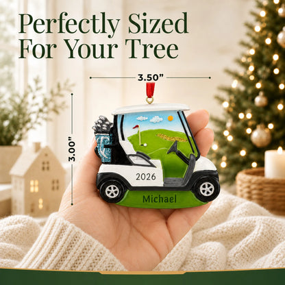 Size guide: the personalized golf cart christmas ornament is 3.50 in wide by 3.00 in tall, shown in hand