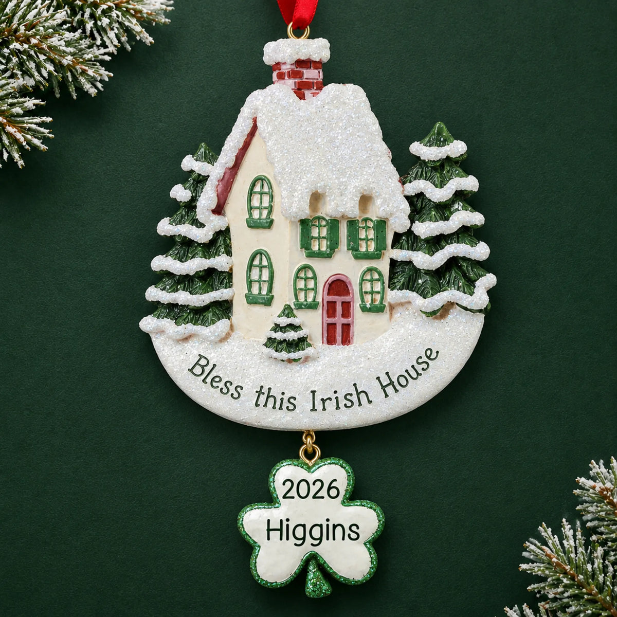 Personalized Bless This Irish House christmas ornament on a dark green pine background