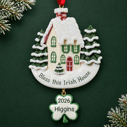 Personalized Bless This Irish House christmas ornament on a dark green pine background