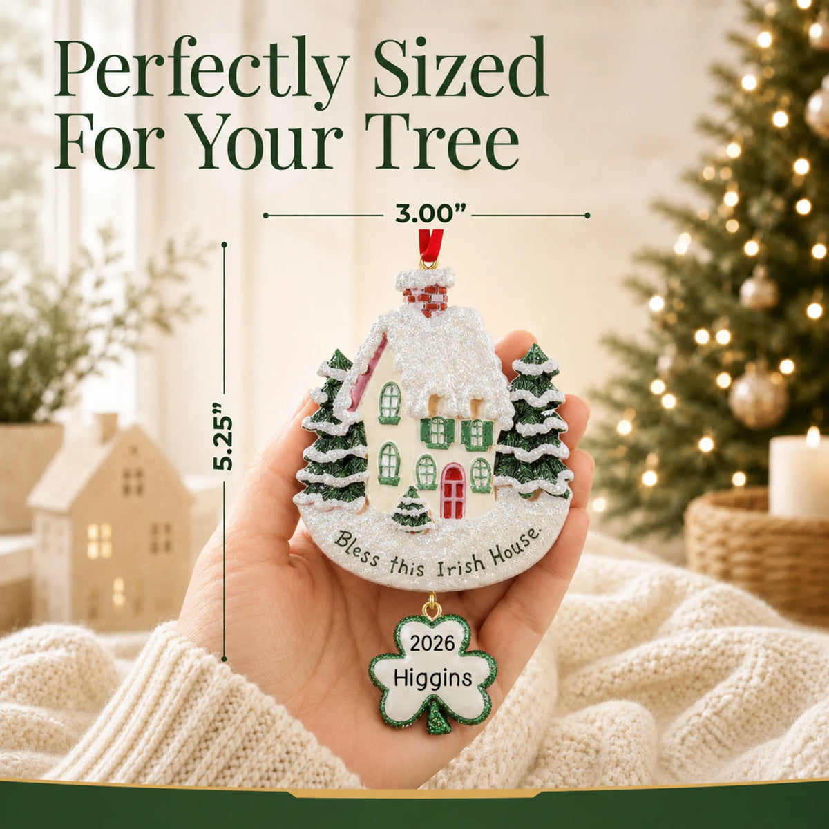 Size guide: the personalized Bless This Irish House christmas ornament is 3.00 in wide by 5.25 in tall, shown in hand