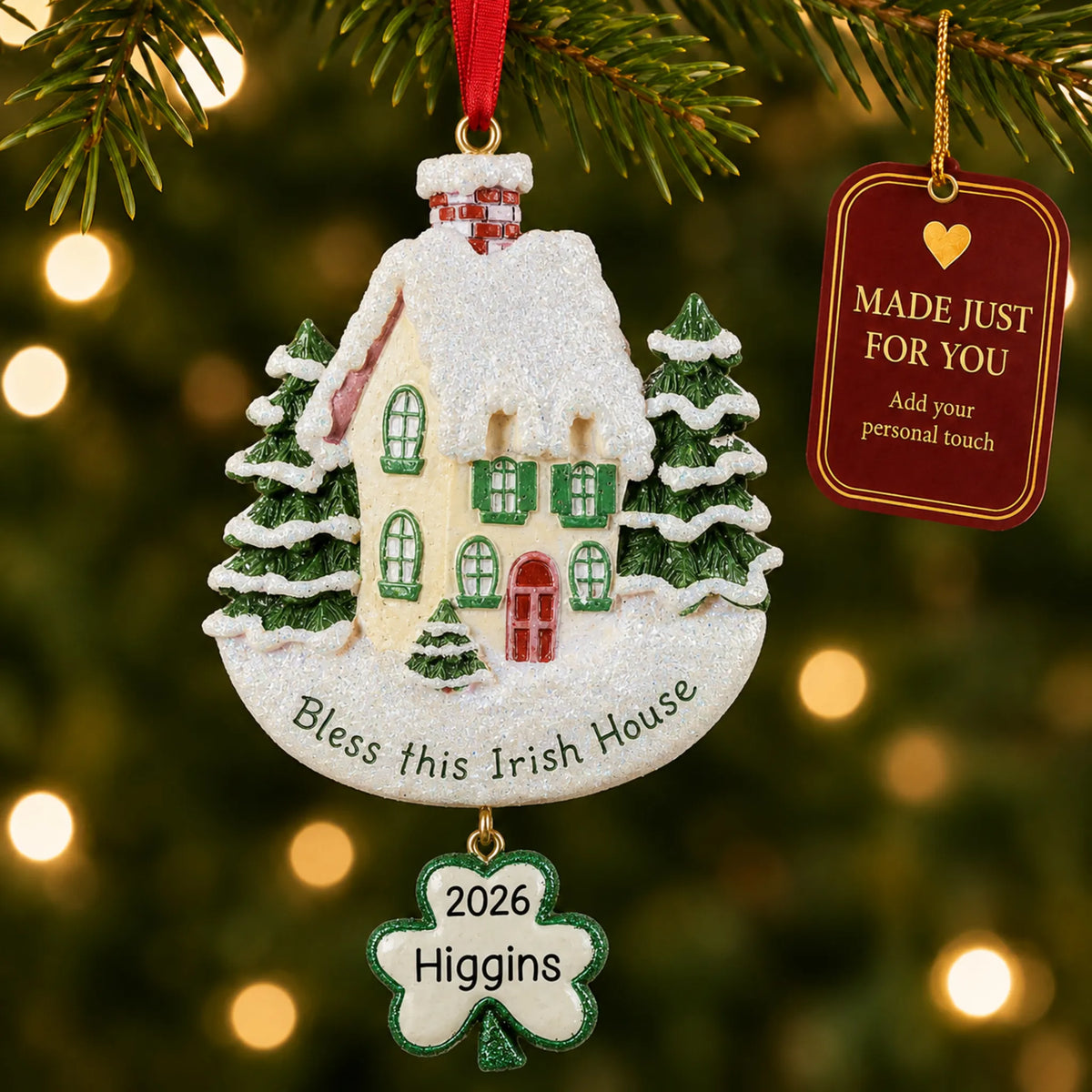 Bless This Irish House christmas ornament hanging on a lit Christmas tree with a Made Just For You gift tag