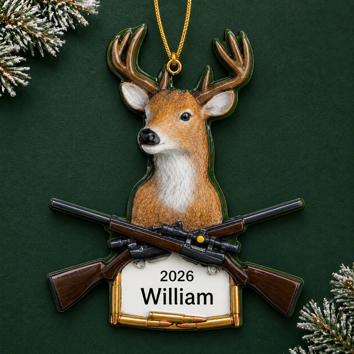 Personalized big buck deer hunting christmas ornament on a dark green pine background
