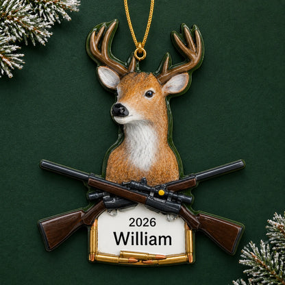 Personalized big buck deer hunting christmas ornament on a dark green pine background