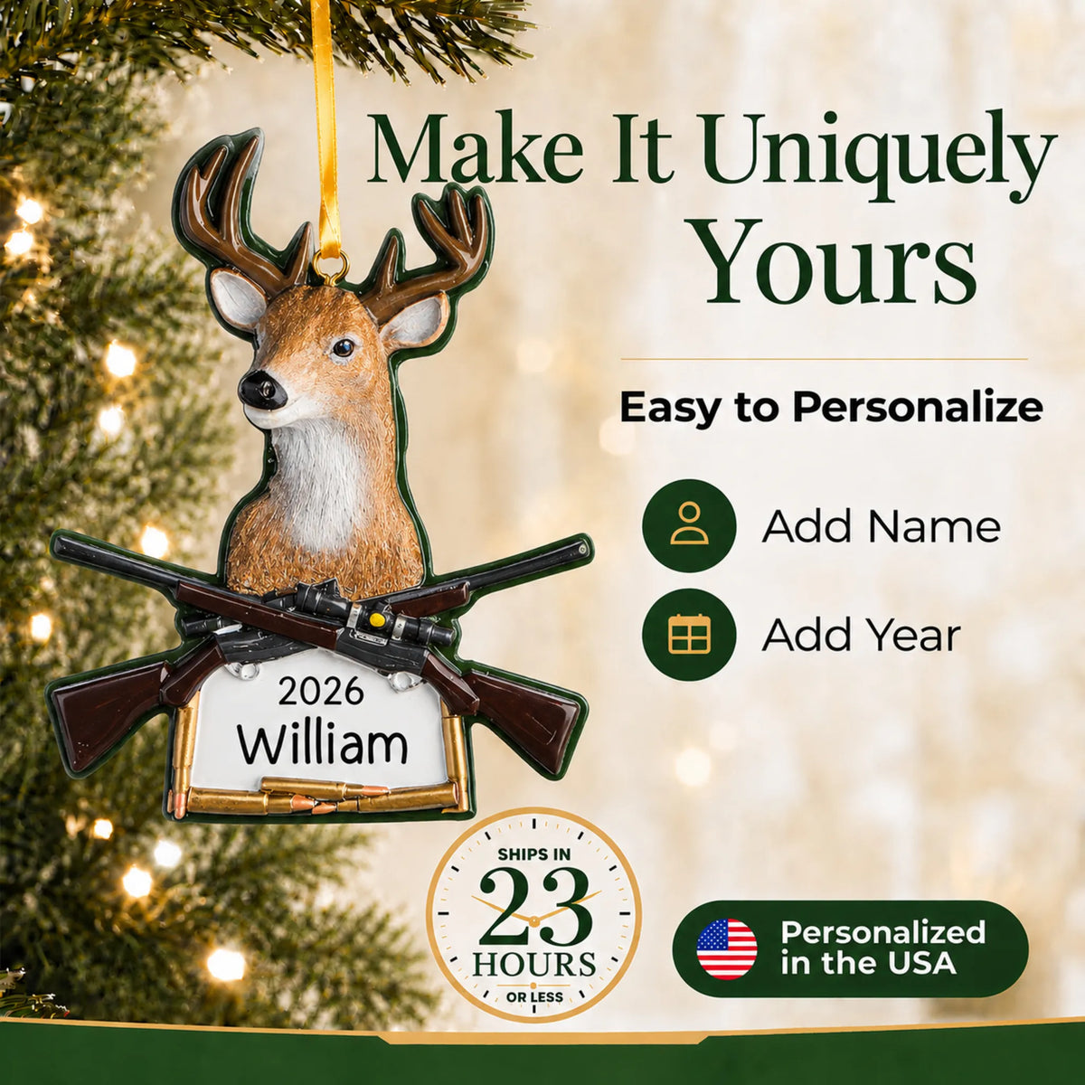 Make it yours: personalize the big buck deer hunting christmas ornament