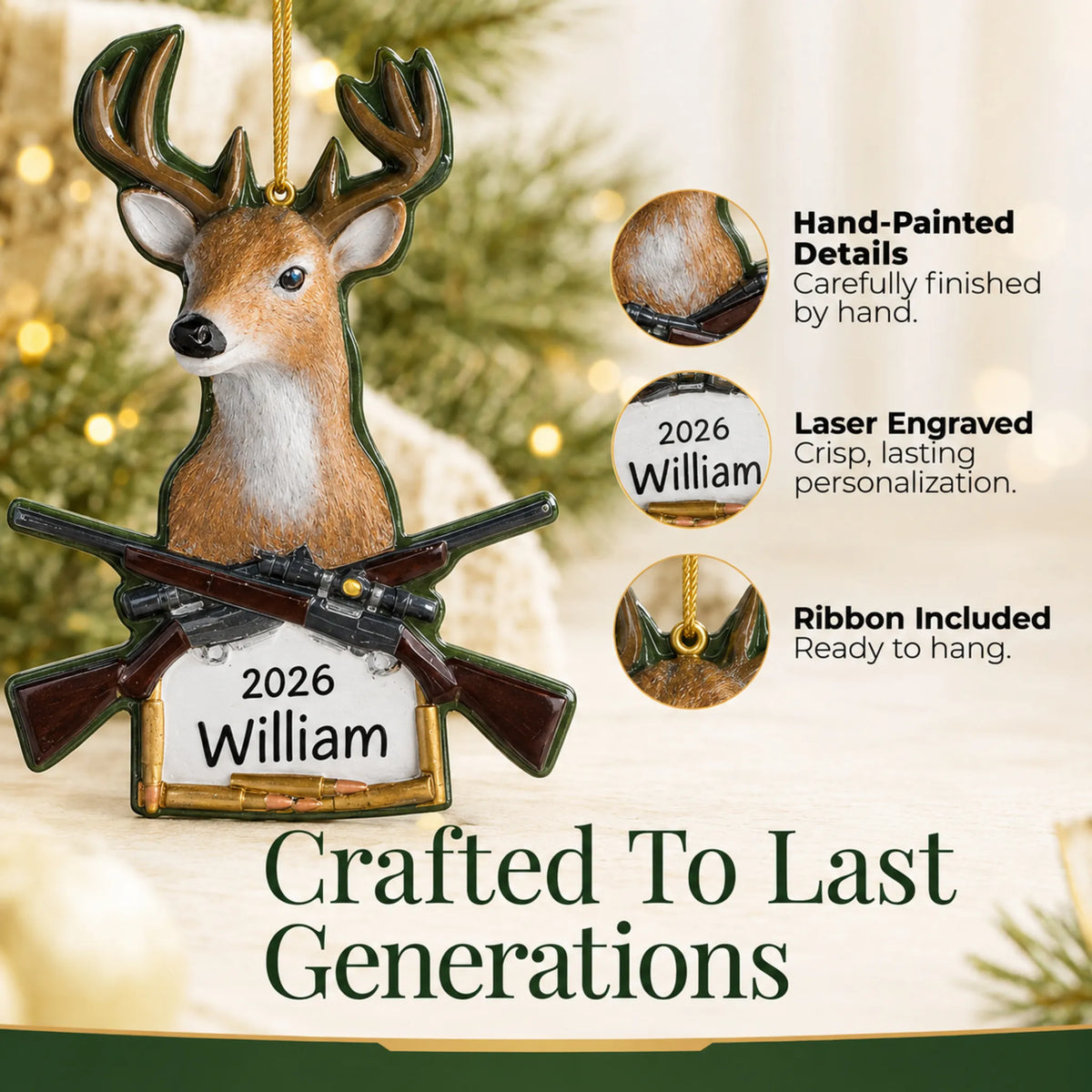 Hand-painted details and laser engraved personalization on the big buck deer hunting christmas ornament, ribbon included