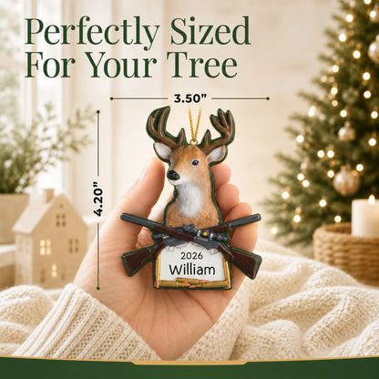 Size guide: the personalized big buck deer hunting christmas ornament is 3.50 in wide by 4.20 in tall, shown in hand