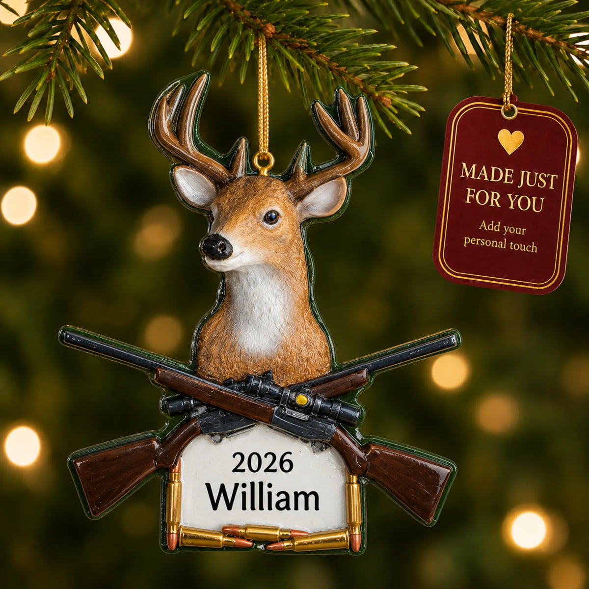 Big buck deer hunting christmas ornament hanging on a lit Christmas tree with a Made Just For You gift tag