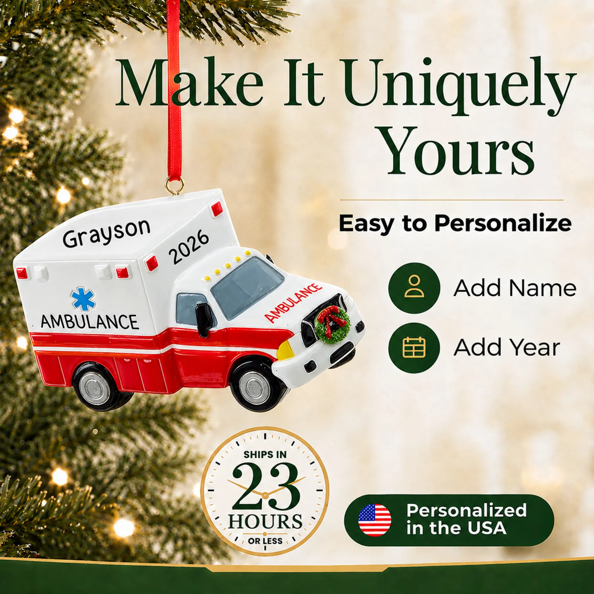 Make it yours: add name and year to the personalized paramedic ambulance christmas ornament