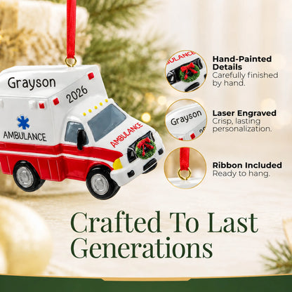 Hand-painted details and laser engraved personalization on the paramedic ambulance christmas ornament, ribbon included