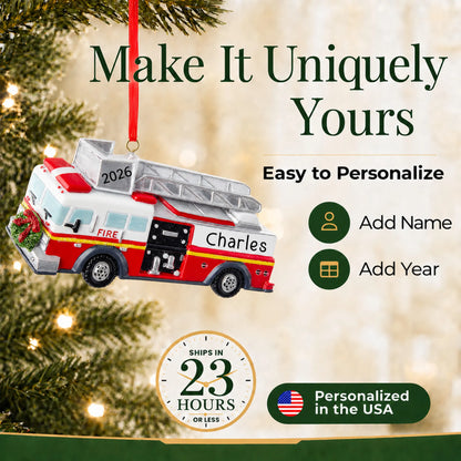 Make it yours: add name and year to the personalized fire truck with ladder christmas ornament
