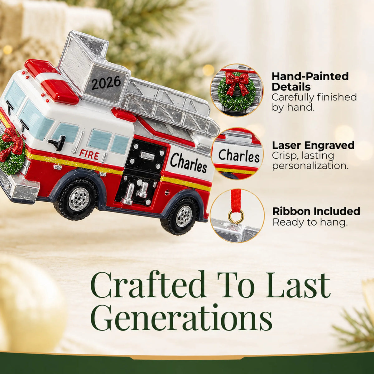 Hand-painted details and laser engraved personalization on the fire truck with ladder christmas ornament, ribbon included