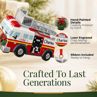 Hand-painted details and laser engraved personalization on the fire truck with ladder christmas ornament, ribbon included