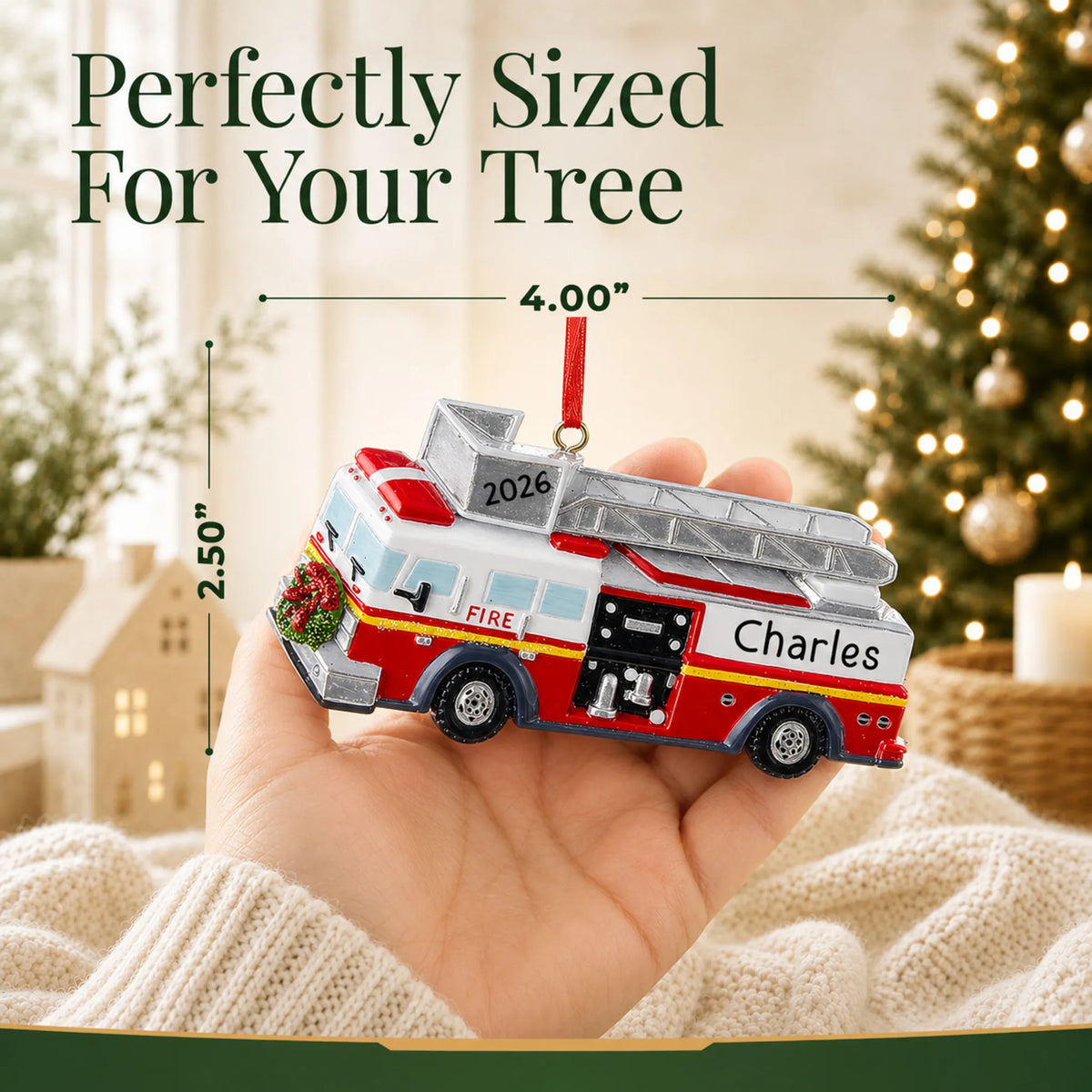 Size guide: the personalized fire truck with ladder christmas ornament is 4.00 in wide by 2.50 in tall, shown in hand