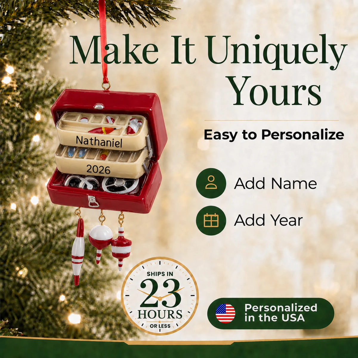 Make it yours: personalize the fishing tackle box christmas ornament