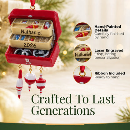 Hand-painted details and laser engraved personalization on the fishing tackle box christmas ornament, ribbon included