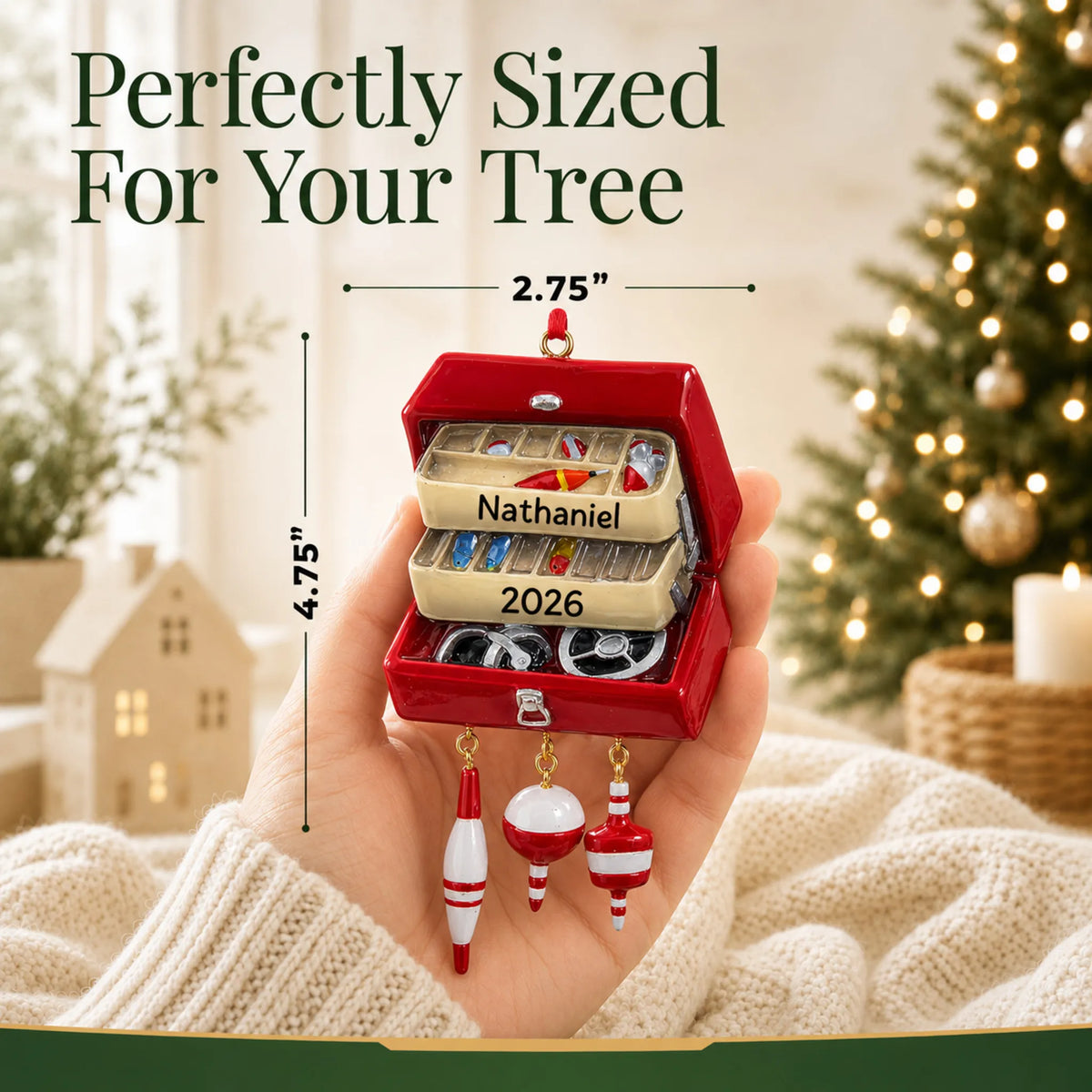 Size guide: the personalized fishing tackle box christmas ornament is 2.75 in wide by 4.75 in tall, shown in hand
