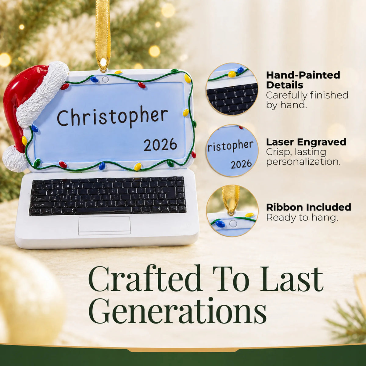 Hand-painted details and laser engraved personalization on the laptop computer christmas ornament, ribbon included