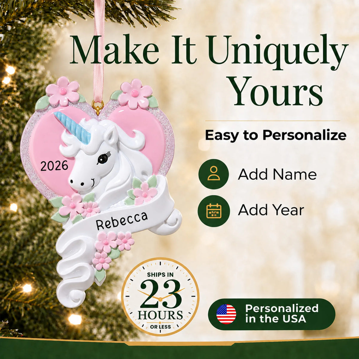 Make it yours: add name and year to the personalized unicorn heart christmas ornament