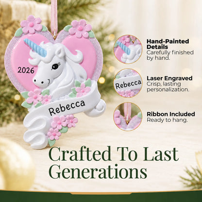 Hand-painted details and laser engraved personalization on the unicorn heart christmas ornament, ribbon included