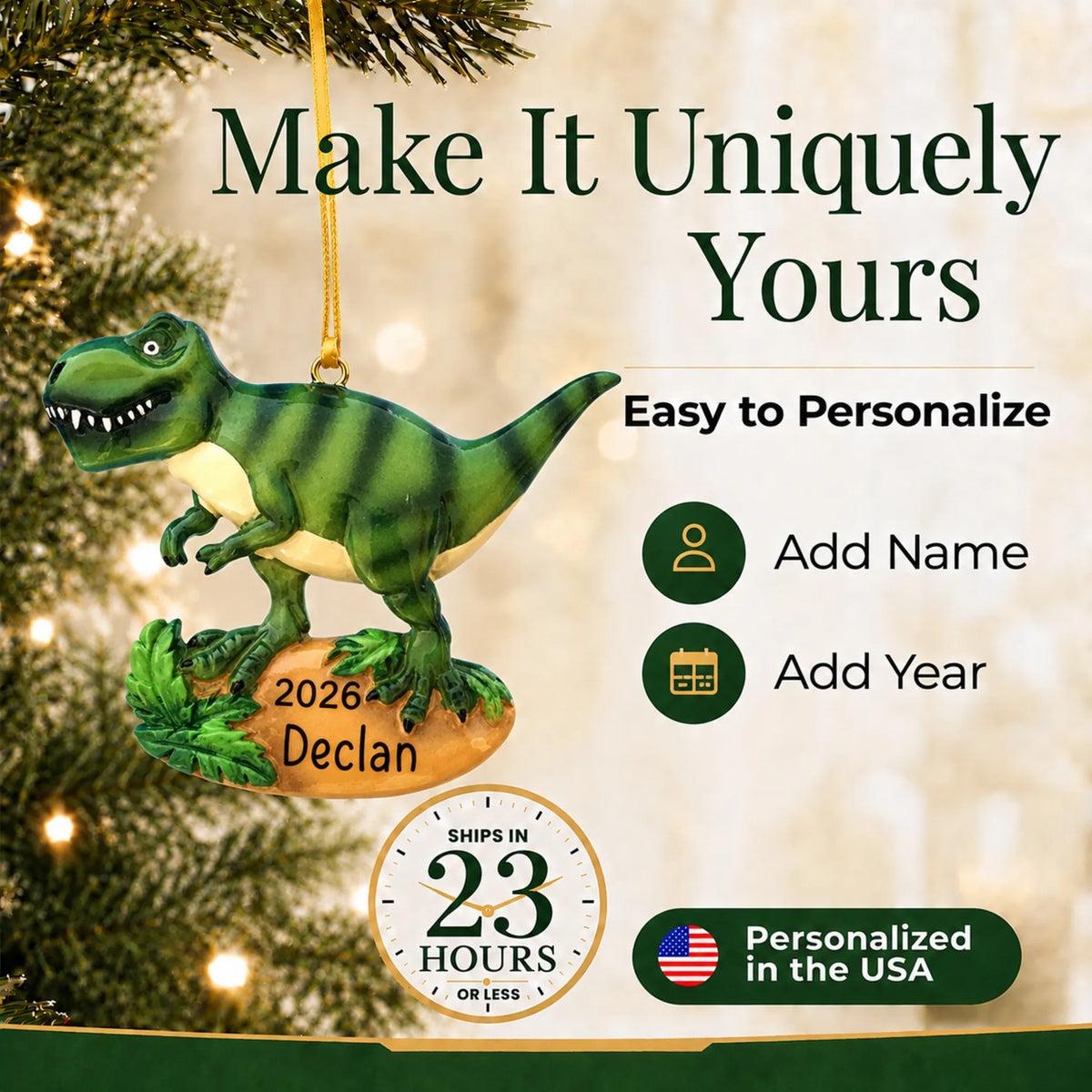 Make it yours: add name and year to the personalized t-rex dinosaur christmas ornament