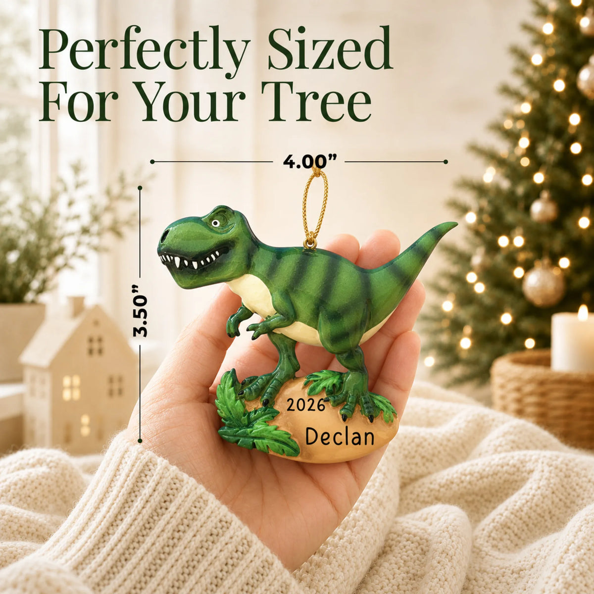 Size guide: the personalized t-rex dinosaur christmas ornament is 4.00 in wide by 3.50 in tall, shown in hand