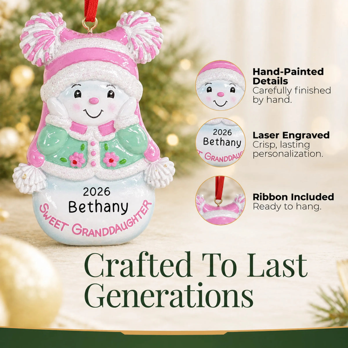 Hand-painted details and laser engraved personalization on the sweet granddaughter christmas ornament, ribbon included