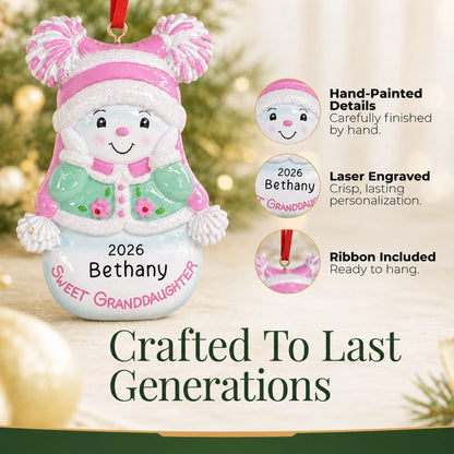 Hand-painted details and laser engraved personalization on the sweet granddaughter christmas ornament, ribbon included