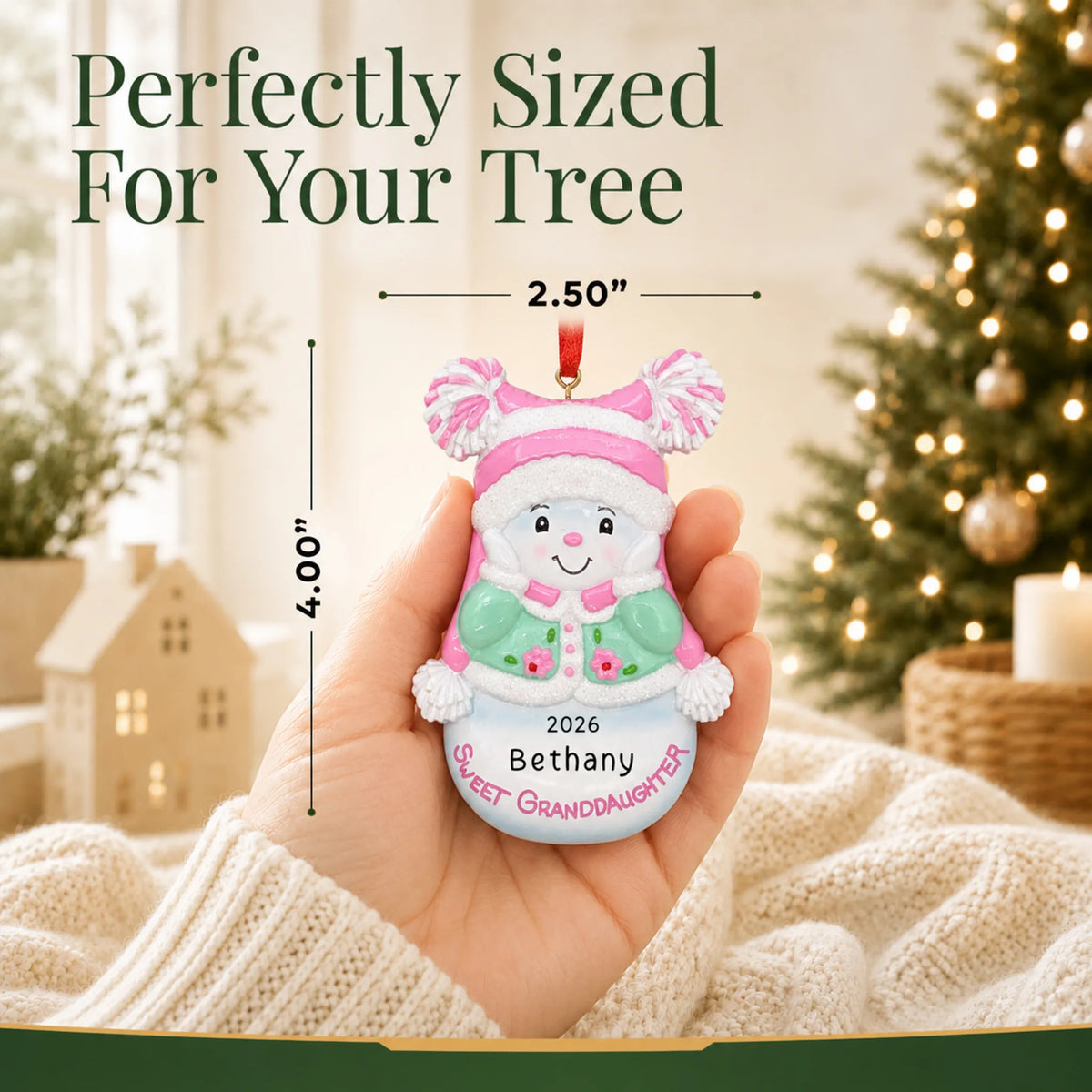 Size guide: the personalized sweet granddaughter christmas ornament is 2.50 in wide by 4.00 in tall, shown in hand