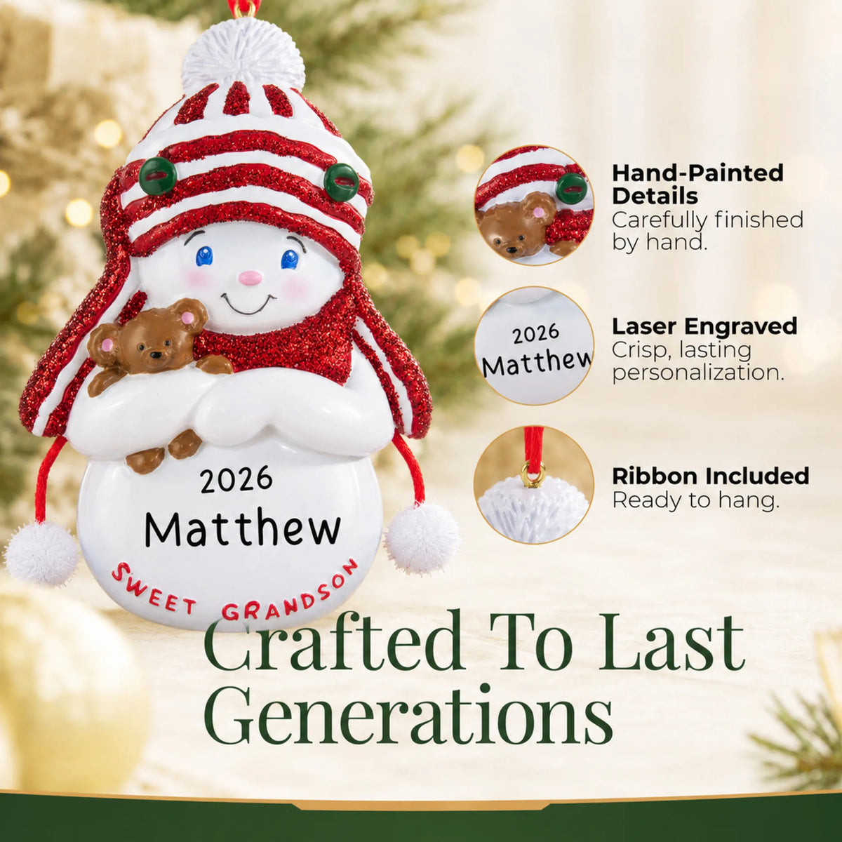 Hand-painted details and laser engraved personalization on the sweet grandson christmas ornament, ribbon included