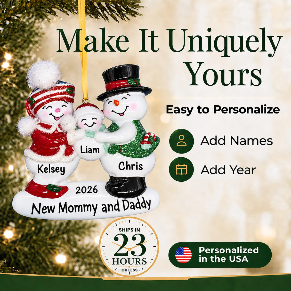 Make it yours: add names and year to the personalized new parents 1st christmas ornament